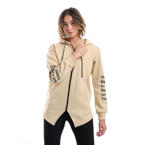 Women Hoodie With Front Zipper And Printed Sleeves