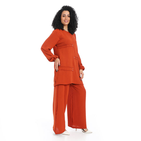 Women's two-piece closed Suit-طقم كتان نسائي واسع من قطعتين