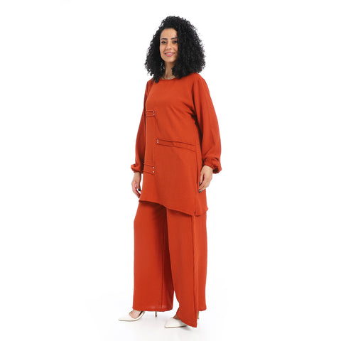 Women's two-piece closed Suit-طقم كتان نسائي واسع من قطعتين