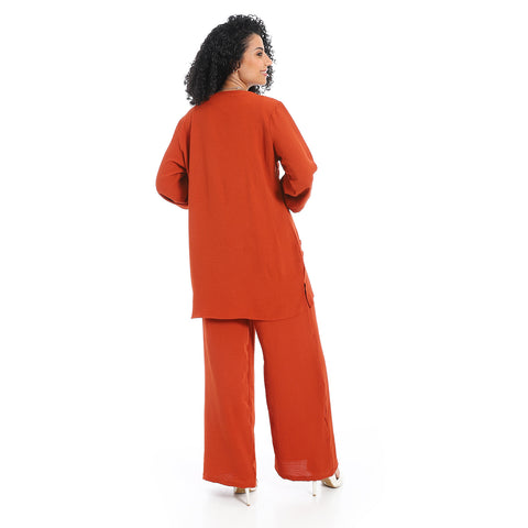 Women's two-piece closed Suit-طقم كتان نسائي واسع من قطعتين