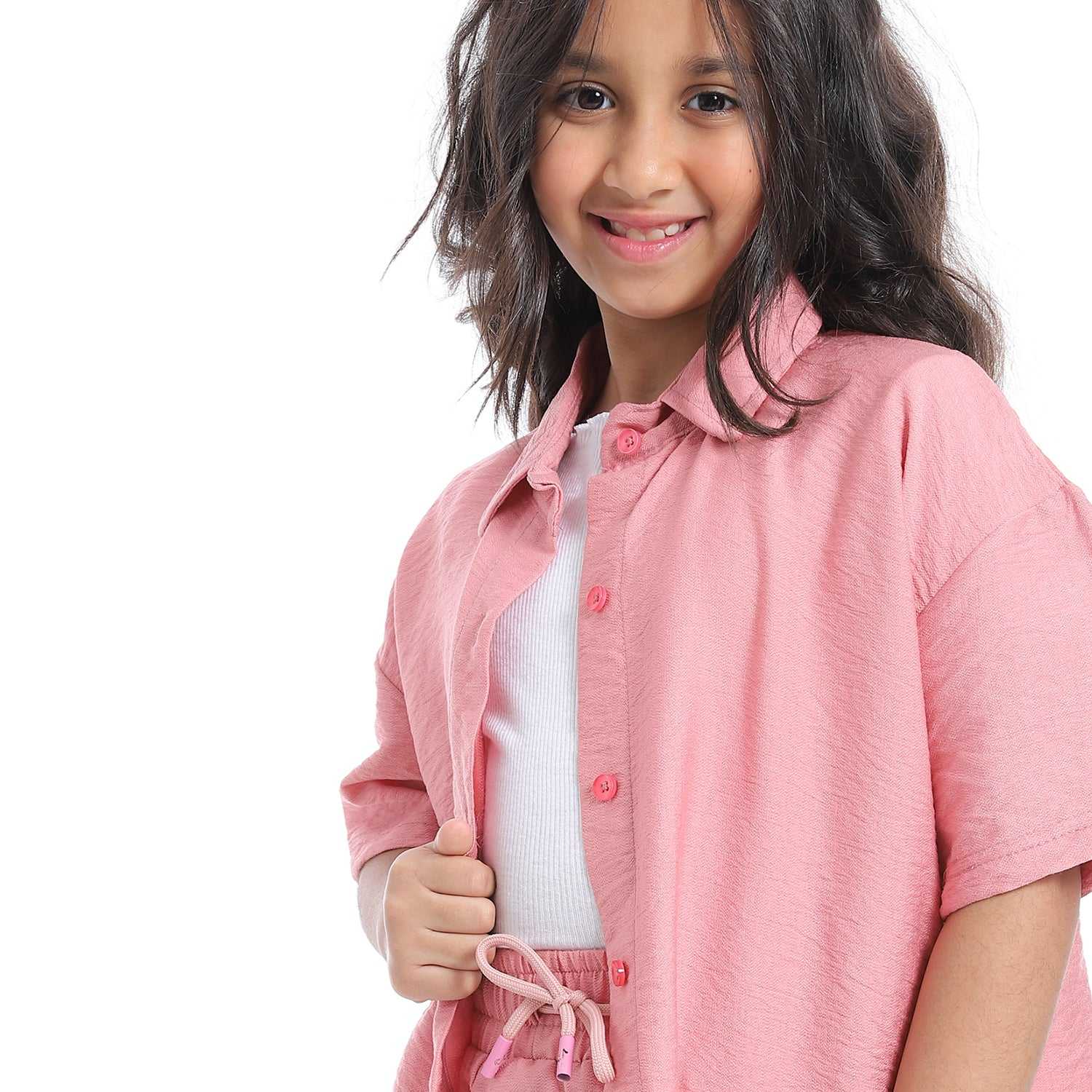 Girls' linen suit with half sleeved shirt with front buttons-طقم كتان بناتي بنص كم من قطعتين 