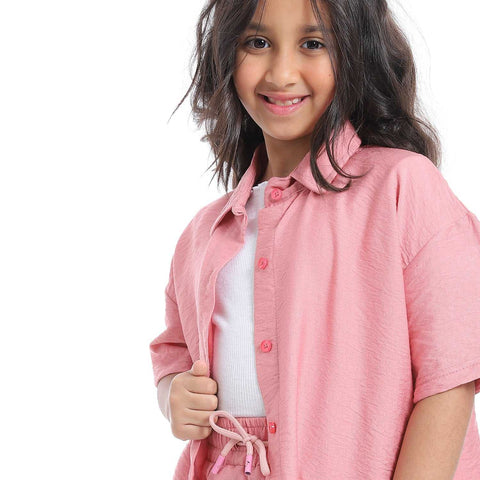Girls' linen suit with half sleeved shirt with front buttons-طقم كتان بناتي بنص كم من قطعتين 