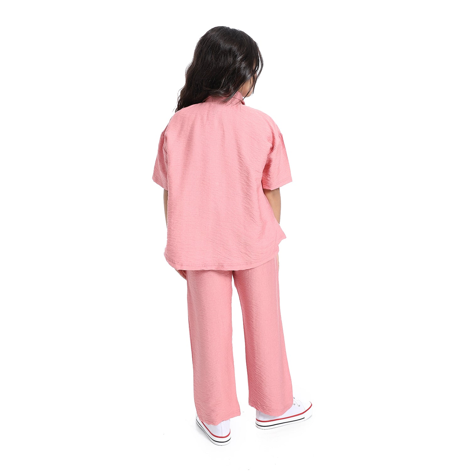 Girls' linen suit with half sleeved shirt with front buttons-طقم كتان بناتي بنص كم من قطعتين 