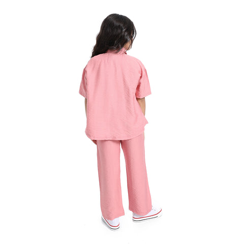 Girls' linen suit with half sleeved shirt with front buttons-طقم كتان بناتي بنص كم من قطعتين 