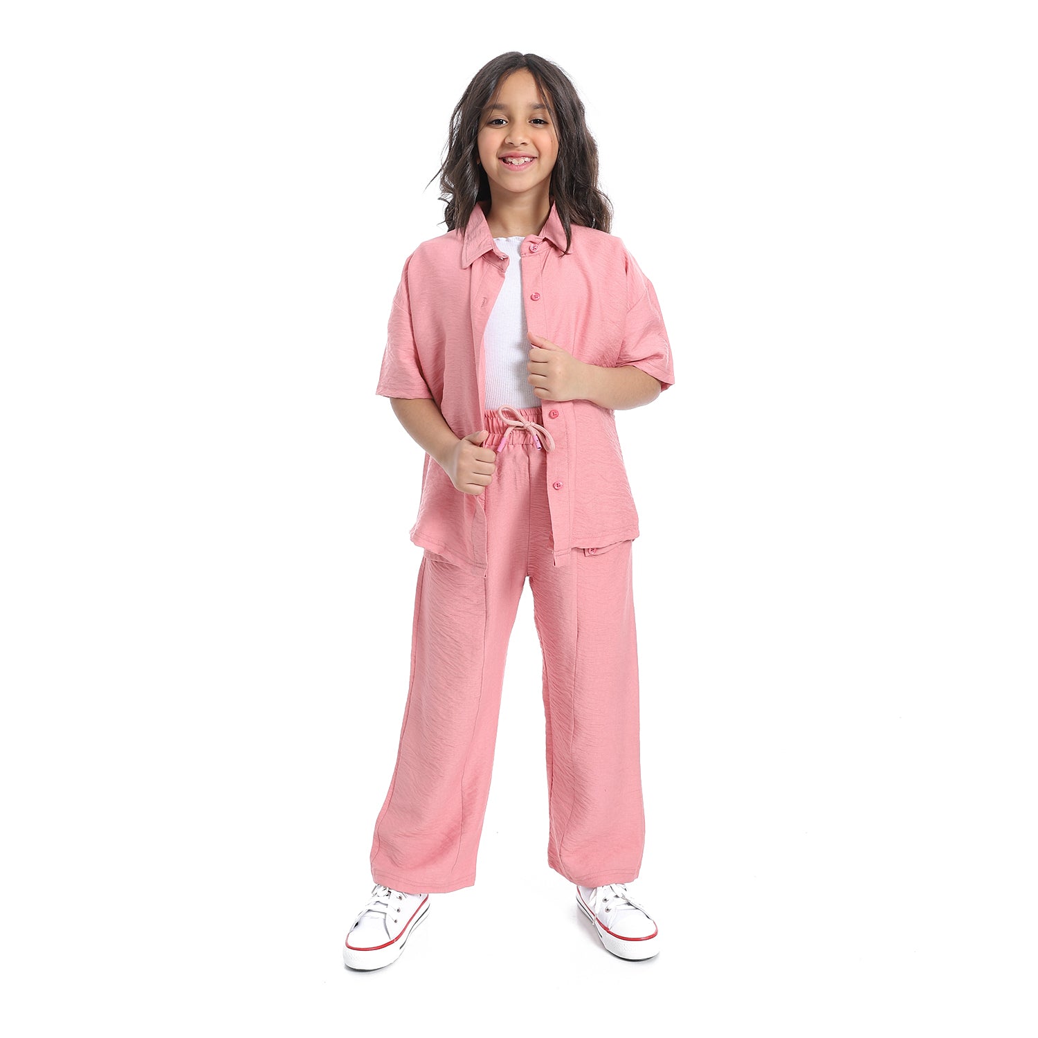 Girls' linen suit with half sleeved shirt with front buttons-طقم كتان بناتي بنص كم من قطعتين 