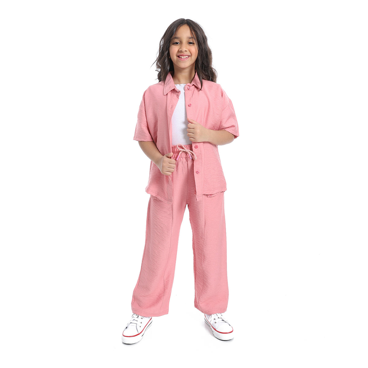 Girls' linen suit with half sleeved shirt with front buttons-طقم كتان بناتي بنص كم من قطعتين 