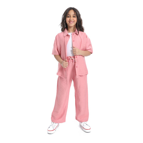 Girls' linen suit with half sleeved shirt with front buttons-طقم كتان بناتي بنص كم من قطعتين 