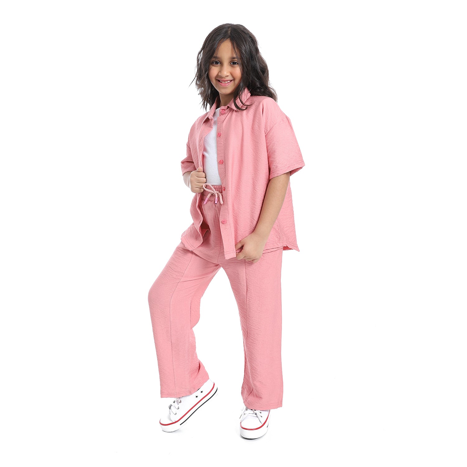 Girls' linen suit with half sleeved shirt with front buttons-طقم كتان بناتي بنص كم من قطعتين 