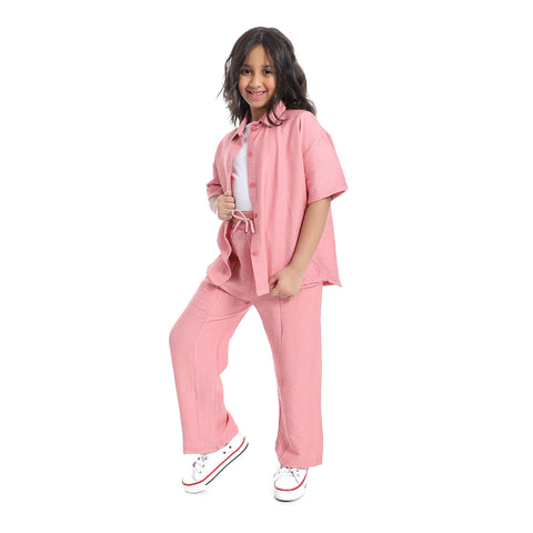 Girls' linen suit with half sleeved shirt with front buttons-طقم كتان بناتي بنص كم من قطعتين 