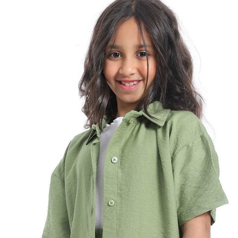 طقم خروج بناتي كتان من قطعتين قميص وبنطلون كتان- Girls' linen suit with half sleeved shirt with front buttons
