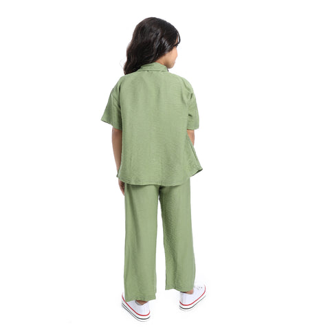 طقم خروج بناتي كتان من قطعتين قميص وبنطلون كتان- Girls' linen suit with half sleeved shirt with front buttons
