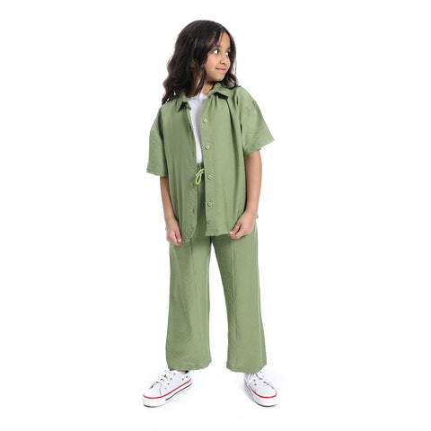 طقم خروج بناتي كتان من قطعتين قميص وبنطلون كتان- Girls' linen suit with half sleeved shirt with front buttons
