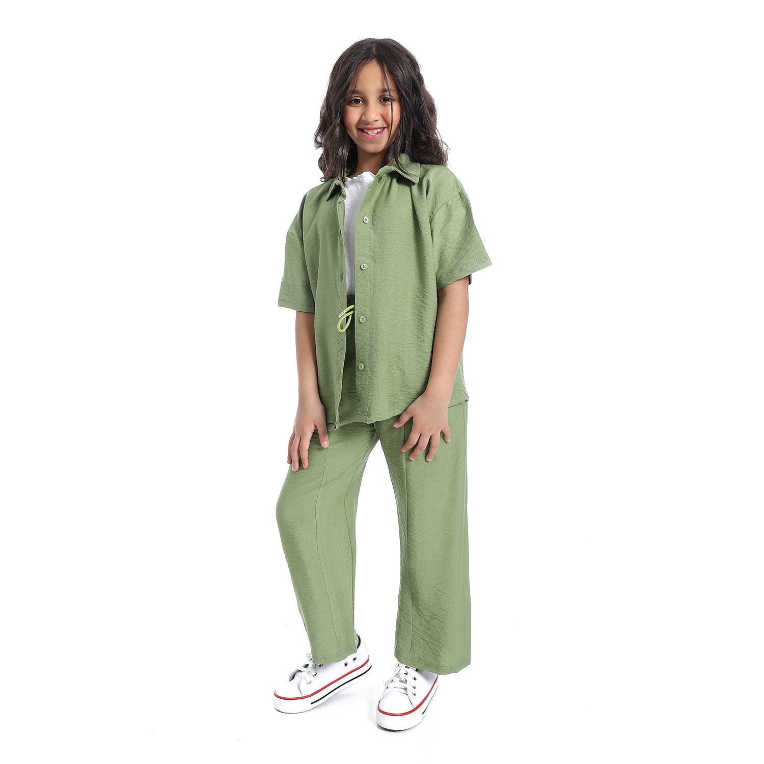 طقم خروج بناتي كتان من قطعتين قميص وبنطلون كتان- Girls' linen suit with half sleeved shirt with front buttons
 