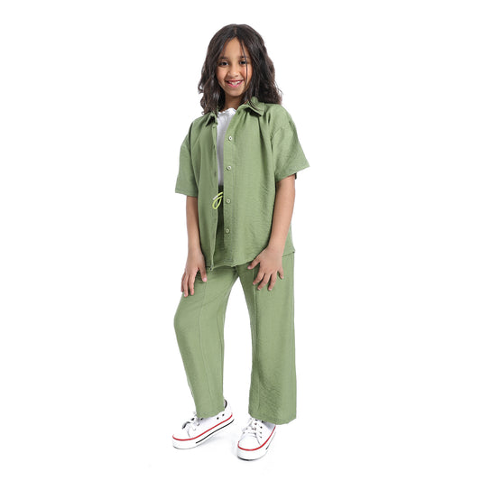 طقم خروج بناتي كتان من قطعتين قميص وبنطلون كتان- Girls' linen suit with half sleeved shirt with front buttons
 