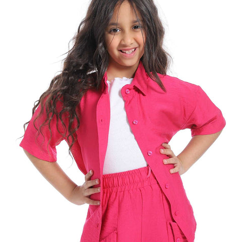 طقم كتان بناتي بنص كم من قطعتين -Girls' linen suit with half sleeved shirt orange 