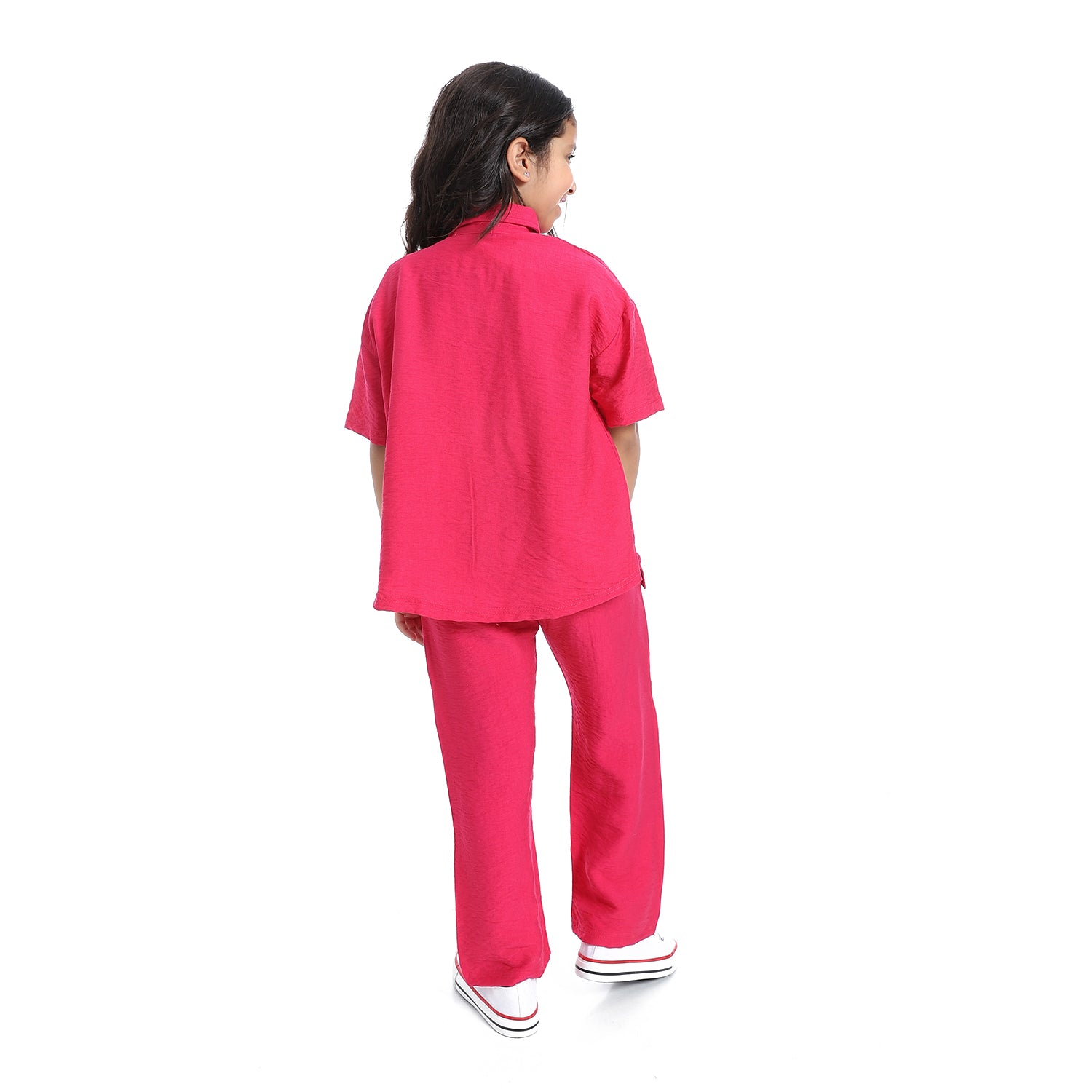 طقم كتان بناتي بنص كم من قطعتين -Girls' linen suit with half sleeved shirt orange 