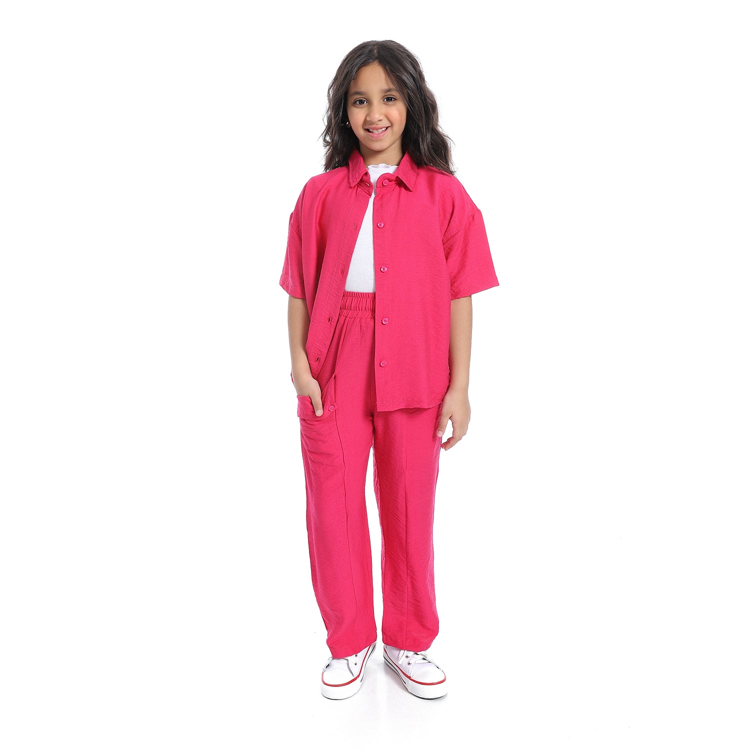 طقم كتان بناتي بنص كم من قطعتين -Girls' linen suit with half sleeved shirt orange 