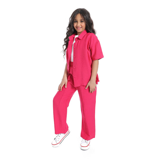 طقم كتان بناتي بنص كم من قطعتين -Girls' linen suit with half sleeved shirt orange 
