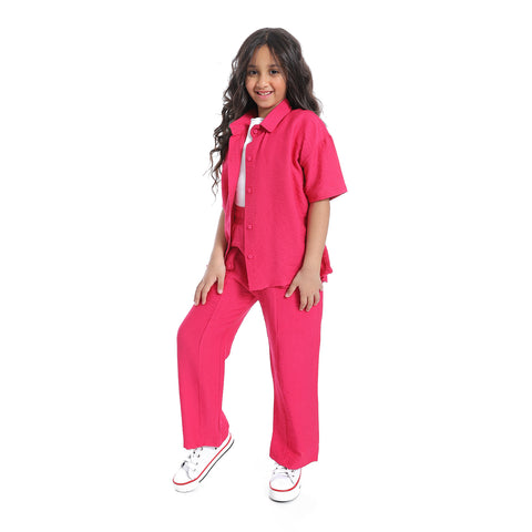 طقم كتان بناتي بنص كم من قطعتين -Girls' linen suit with half sleeved shirt orange 