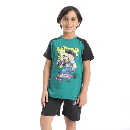 Boys cotton set with two-pieces- طقم اولادي قطن بتيشيرت وشورت من قطعتين 