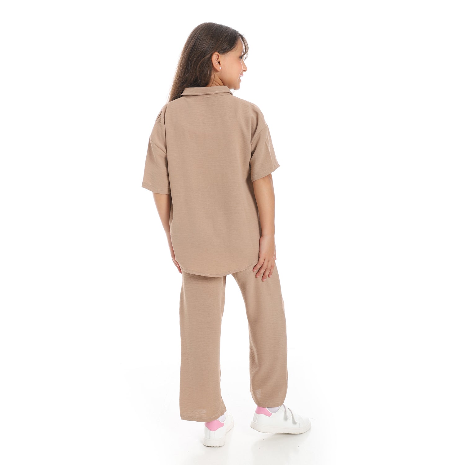 Girls' linen suit with short sleeves from Caesar طقم بناتي كتان خروج 