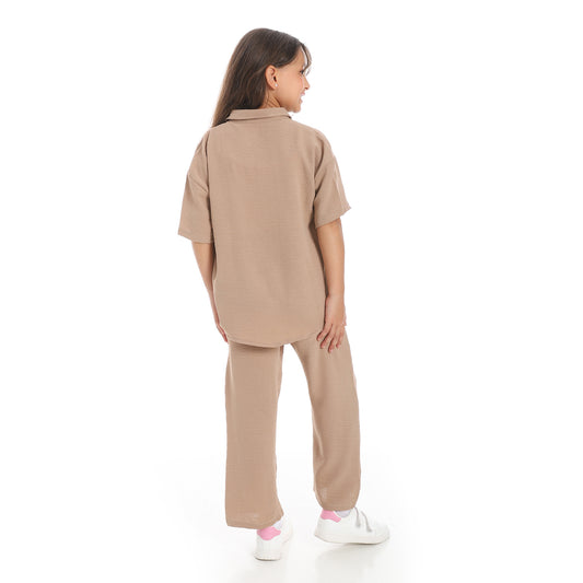 Girls' linen suit with short sleeves from Caesar طقم بناتي كتان خروج 
