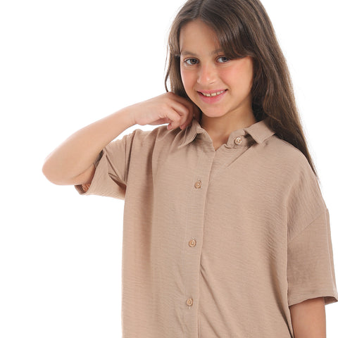 Girls' linen suit with short sleeves from Caesar طقم بناتي كتان خروج 