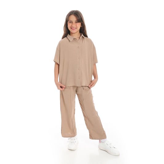 Girls' linen suit with short sleeves from Caesar طقم بناتي كتان خروج 