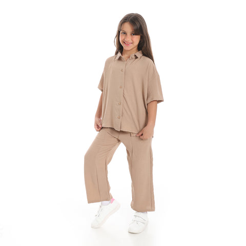 Girls' linen suit with short sleeves from Caesar طقم بناتي كتان خروج 
