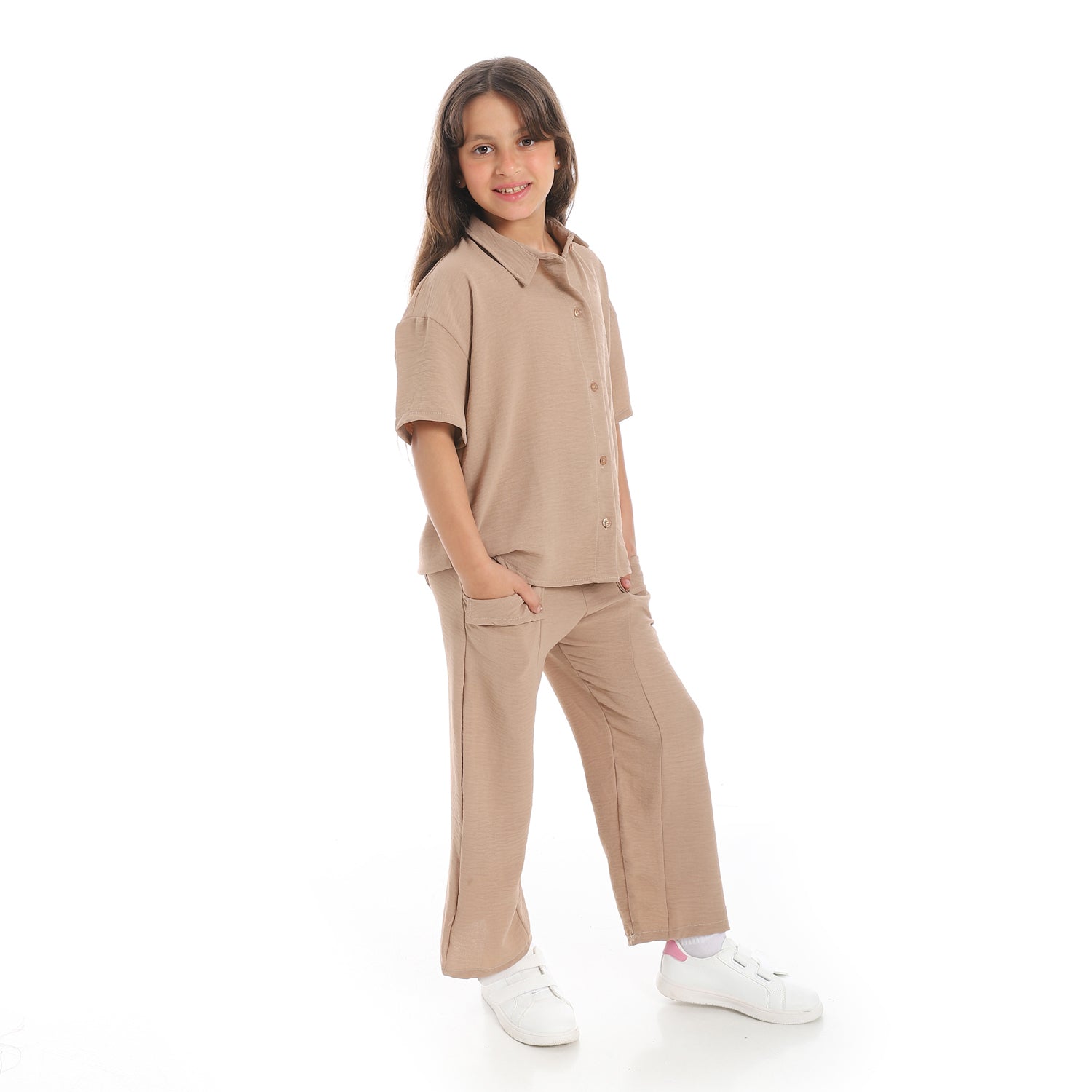 Girls' linen suit with short sleeves from Caesar طقم بناتي كتان خروج 