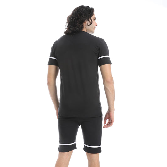 Men's cotton pajama with half sleeves-بيجامه رجالي من قطعتين تيشيرت بنص كم و بنطلون مريح بجيب 