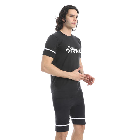Men's cotton pajama with half sleeves-بيجامه رجالي من قطعتين تيشيرت بنص كم و بنطلون مريح بجيب 