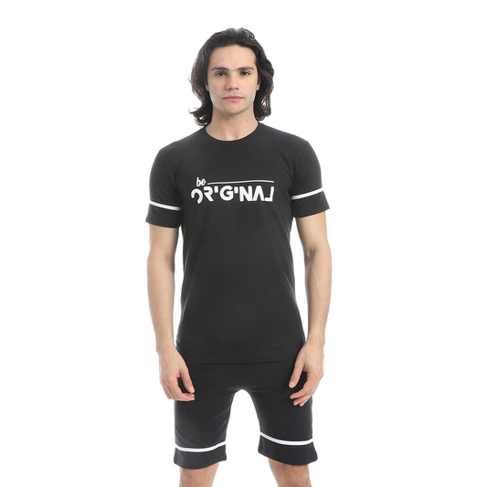Men's cotton pajama with half sleeves-بيجامه رجالي من قطعتين تيشيرت بنص كم و بنطلون مريح بجيب 