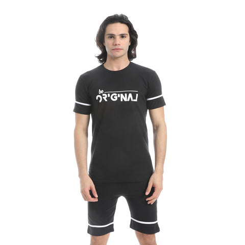 Men's cotton pajama with half sleeves-بيجامه رجالي من قطعتين تيشيرت بنص كم و بنطلون مريح بجيب 