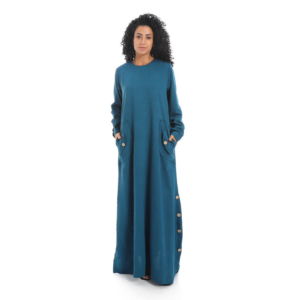 Women's linen abaya with long sleeves and buttons on the sides – CAESAR
