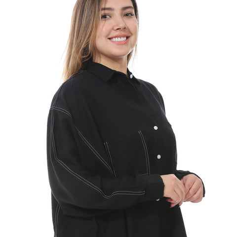 Women's linen shirt with collared neck and long sleeves from Caesar - قميص نسائي أسود واسع بجيوب اماميه من سيزر 