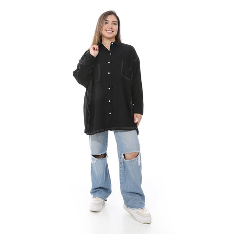 Women's linen shirt with collared neck and long sleeves from Caesar - قميص نسائي أسود واسع بجيوب اماميه من سيزر 