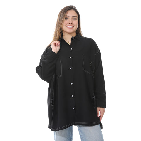 Women's linen shirt with collared neck and long sleeves from Caesar - قميص نسائي أسود واسع بجيوب اماميه من سيزر 