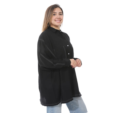 Women's linen shirt with collared neck and long sleeves from Caesar - قميص نسائي أسود واسع بجيوب اماميه من سيزر 