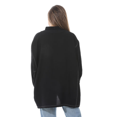 Women's linen shirt with collared neck and long sleeves from Caesar - قميص نسائي أسود واسع بجيوب اماميه من سيزر 
