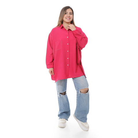 Women's linen shirt with collared neck and long sleeves from Caesar - قميص نسائي بيج واسع بجيوب اماميه من سيزر 