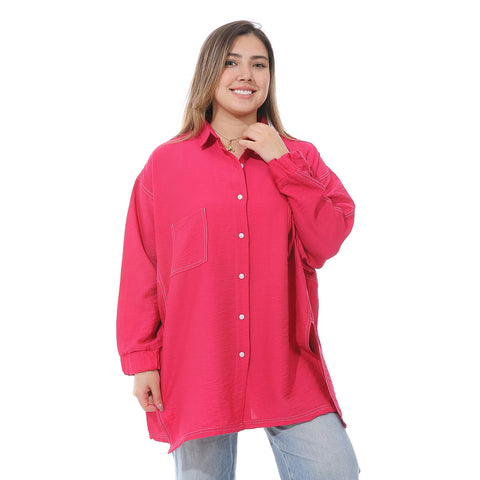 Women's linen shirt with collared neck and long sleeves from Caesar - قميص نسائي بيج واسع بجيوب اماميه من سيزر 