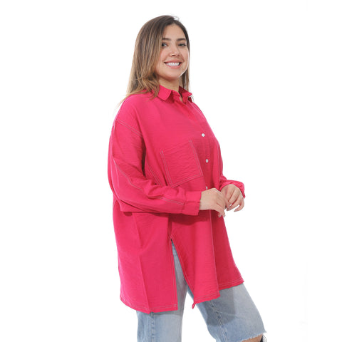 Women's linen shirt with collared neck and long sleeves from Caesar - قميص نسائي بيج واسع بجيوب اماميه من سيزر 