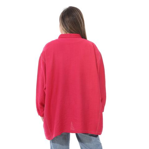 Women's linen shirt with collared neck and long sleeves from Caesar - قميص نسائي بيج واسع بجيوب اماميه من سيزر 