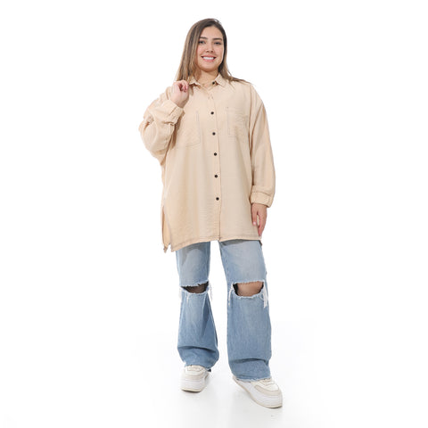 Women's linen shirt with collared neck and long sleeves from Caesar - قميص نسائي بيج واسع بجيوب اماميه من سيزر 