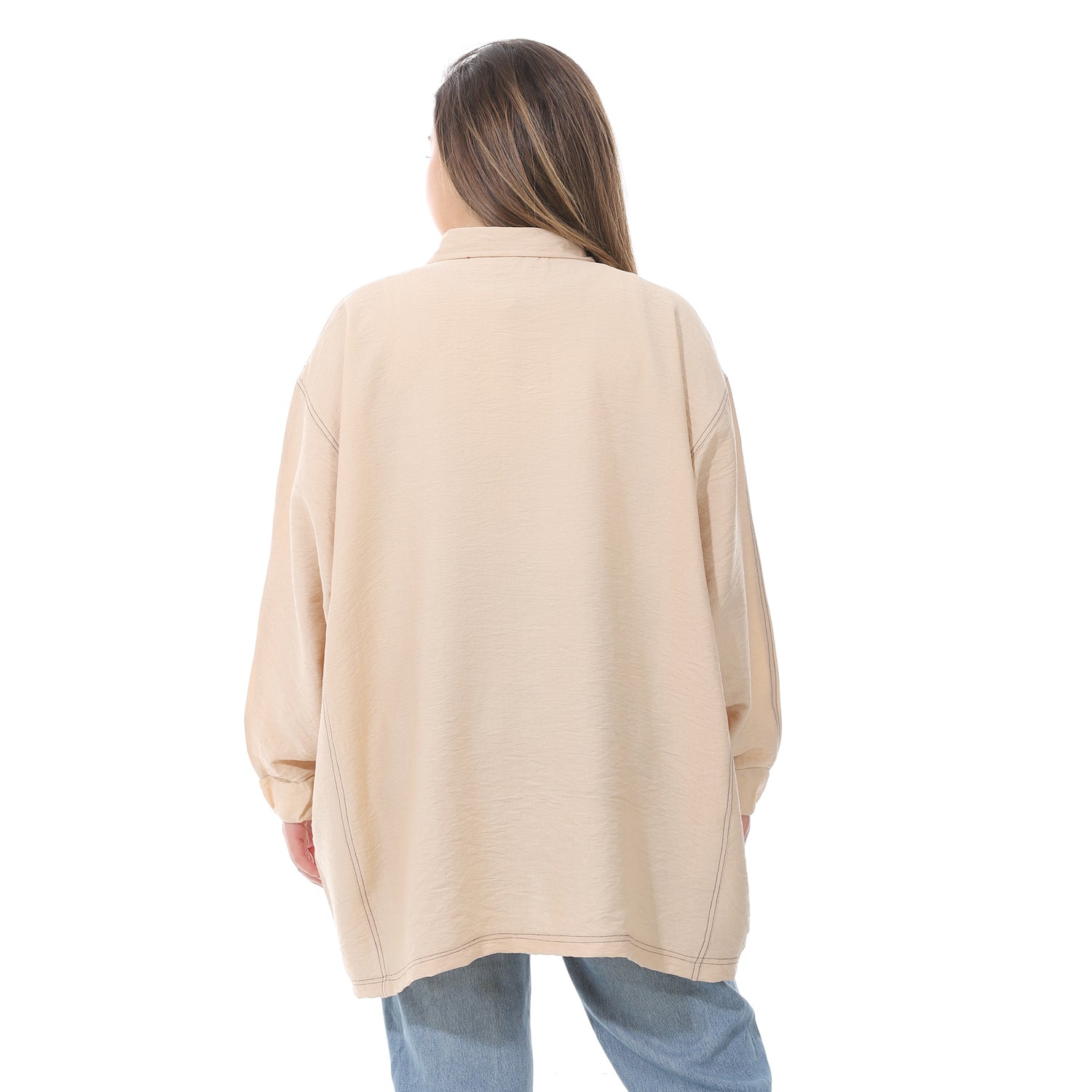 Women's linen shirt with collared neck and long sleeves from Caesar - قميص نسائي بيج واسع بجيوب اماميه من سيزر 