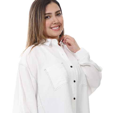 Women's linen shirt with collared neck and long sleeves from Caesar - قميص نسائي أبيض واسع بجيوب اماميه من سيزر 