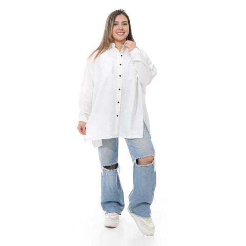 Women's linen shirt with collared neck and long sleeves from Caesar - قميص نسائي أبيض واسع بجيوب اماميه من سيزر 