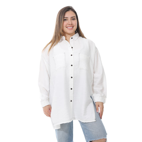 Women's linen shirt with collared neck and long sleeves from Caesar - قميص نسائي أبيض واسع بجيوب اماميه من سيزر 