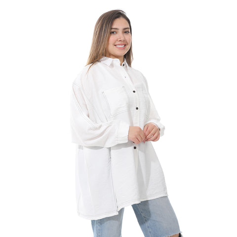 Women's linen shirt with collared neck and long sleeves from Caesar - قميص نسائي أبيض واسع بجيوب اماميه من سيزر 